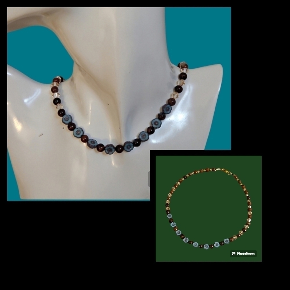HANDMADE Czech Flower Jasper Swarovski Crystal Beaded Choker Necklace
